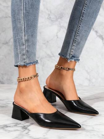 女士尖头粗跟穆勒鞋，黑色，优雅百搭，适合办公室、通勤、休闲穿着
