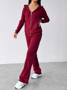 Conjunto de sudadera con capucha y cremallera para mujer -pantalones de pierna ancha, estilo casual y moderno, ideal para múltiples ocasiones. Tela suave y transpirable, diseño con detalles en negro y oro, - Rojo 1 - Ver 3