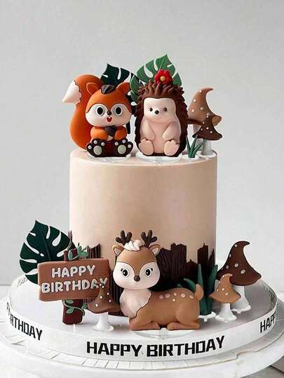 Forest Theme Cake Topper, Jungle Soft Glue Animal Cake Decoration, Squirrel Sika Deer Hedgehog Koala Mushroom Leaf Grass Cake Decoration, Suitable For Birthday Cake Decoration, Christening Forest Theme Party Cake Decoration Supplies, Jungle Series Cake Decoration(Please Use It With A Tray)