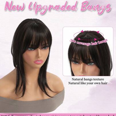 刘海夹式假刘海，带发片，360°全方位覆盖，自然黑色空气刘海，适合日常佩戴的弧形刘海