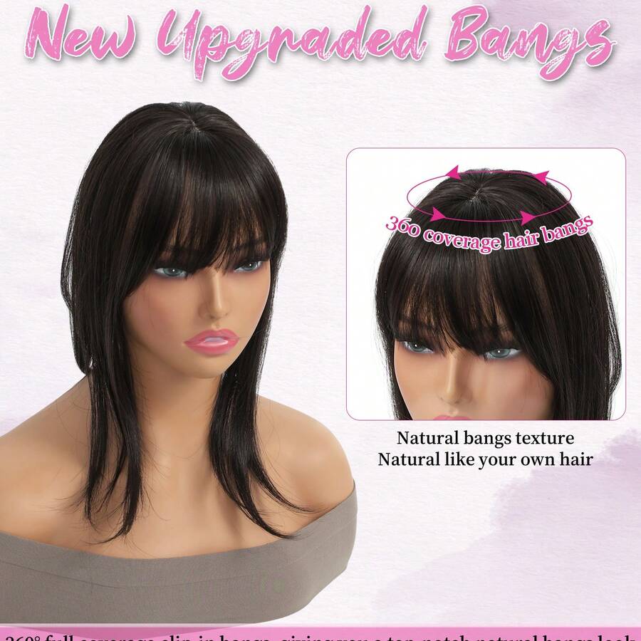 刘海夹式假刘海，带发片，360°全方位覆盖，自然黑色空气刘海，适合日常佩戴的弧形刘海