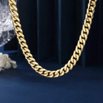 1条18K镀金纯铜7毫米宽链项链，带安全扣，男女皆宜的嘻哈风格时尚项链