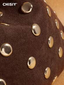 Original Handmade Fashion High-Quality Rivet Design Element Khaki Fabric & Faux Leather Elegant Business Large Capacity Women's Commuter Bag, Casual Versatile Shoulder Bag, Suitable For Work, Holiday, Travel, Shopping, Daily Gathering, Music Festival, Autumn/Winter