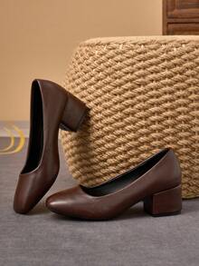 MonaNise Women's Fashion Square Toe Low Vamp Contrast Color Pumps, Suitable For Vacation, Travel, Shopping, Outdoor, Retro Brown Casual, Navy Blue Versatile High-End Black High Heel Shoes - Brown - View 5