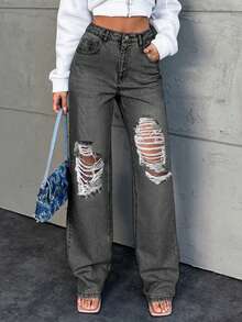 wide leg jeans mujer Vaqueros cortos de poliéster para mujer, estilo casual, de pierna recta, lavados y con roturas, ligeramente elásticos. - Gris - Ver 6