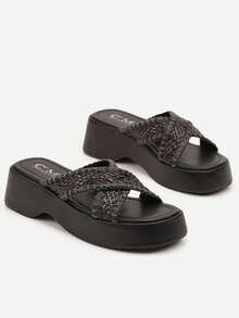 Boho Woven Platform Sandals Women Summer Casual Beach Slides - Black - View 5
