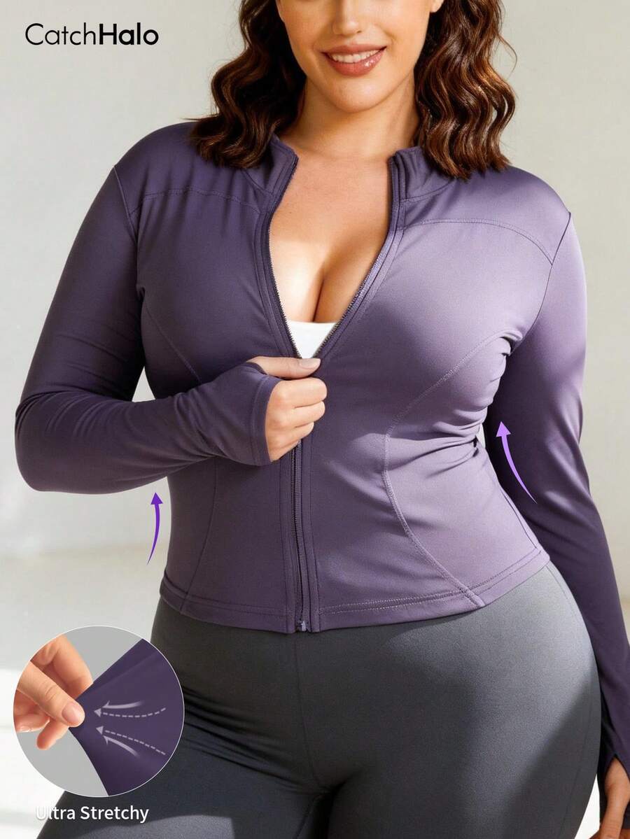 Plus Size Women Slim Fit Lightweight Sports Jacket, With Thumb Hole, Purple, Funnel Neck, Suitable For Yoga, Gym, Running, Cycling, Daily Wear Spring - Elderberry - Xem 1