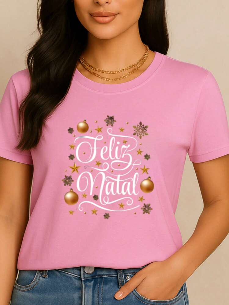 Women's Christmas T-Shirt, 100% Cotton, Basic, Merry Christmas - Màu Hồng baby - Xem 1