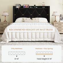 SHA CERLIN Full/Queen/King Velvet Upholstered Bed Frame With Charging Station, Modern Wingback Storage Headboard, Diamond Stitched & Gold Trim, No Box Spring Needed, Easy Assembly, Black - 黑色 - 查看 8