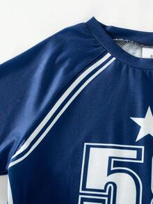 2pcs/Set Girls Casual Everyday Wear Fashion Letter Print Round Neck Short Sleeve T-Shirt And Long Pants Set, Summer - Navy Blue - View 5