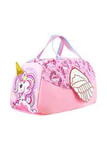 1个便携式旅行包，印有可爱的卡通独角兽/兔子/蛋糕/鲨鱼/恐龙等新颖造型。大容量、轻便耐磨的单肩斜挎包，配有舒适宽肩带，肩带长度可调节，满足基本收纳需求，适合旅行、户外活动、露营等场合，也适合万圣节、感恩节、圣诞节等节日。