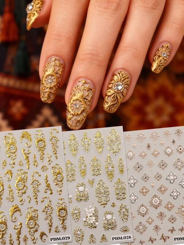 3pcs Bohemian Retro Luxury Hot Stamping Embossed Nail Art Stickers, Artistic Nail Art Decals, 5D Exquisite Finish, Luxury Exquisite Theme, Easy To Apply Nail Decoration, DIY, Gift, Party Makeup Look, Y2K