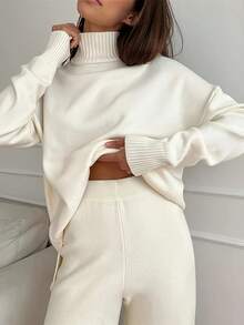 Women's 2-Piece Winter Sportswear - Oversized High Neck Sweater And Wide Leg Pants, Soft Beige Solid Color, Comfortable And Casual To Formal Attire, Simple And Elegant Design, Easy To Care For (Hand Wash/Dry Clean) - Multifunctional Daily And Formal Wear, White Split Detail Sweater Paired With Matching Pants, Loose And Suitable For Layering, Fashionable And Comfortable Two-Piece Set For Autumn And Winter Seasons - 白色 - 查看 4