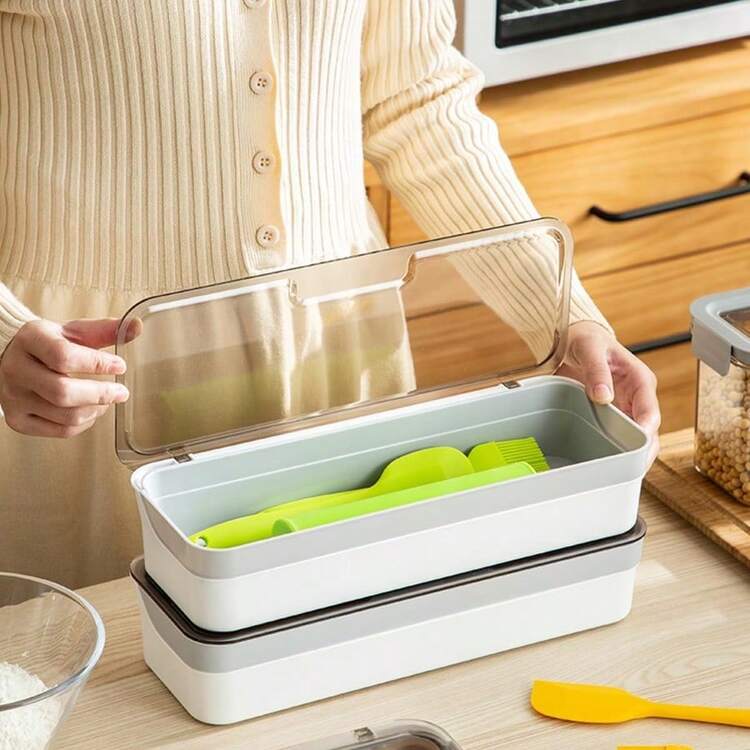 TFKI Plastic Kitchen Drawer Organizer With Lid And Drainer Stackable Utensil Holder For Countertop Silverware Tray Flatware Organizers - 13x4.7x2.4 Inch Spatula Cutlery Storage Box - trong suốt - Xem 6