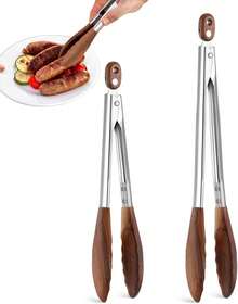 Wooden Tongs For Cooking & Serving Food, Stainless Steel Salad Tongs With Walnut Wood Tip, Anti-Slip Long Handle Wooden Kitchen Tongs Heat Resistant, Smooth Locking & Hanging Cooking Utensils Set Of 2 - 預設 - 查看 3