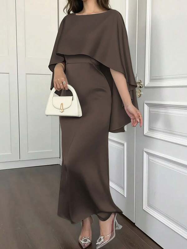 Sophisticated Plus Size Brown Formal Dress For Women With Cape Sleeves Long Length And A Flattering Fitted Design