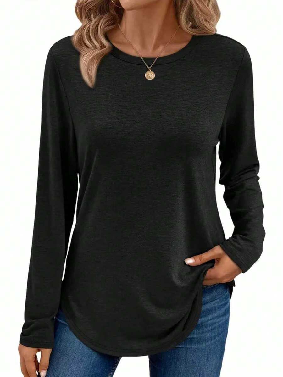 Spring/Autumn New Solid Color Round Neck Long Sleeve, Loose Casual Women's Top Tee, Comfortable & Fashionable, Machine Washable - Suitable For Spring/Autumn Daily And Home Wear Black