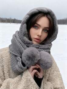 女士围巾连帽款，多功能秋冬针织帽，带可爱毛球，保暖耳罩，厚实保暖