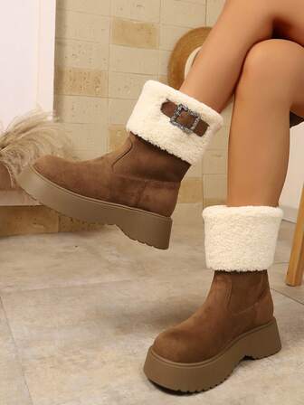 Fall/Winter New Fashionable Round Toe Solid Color Warm Plush Lining Paired With Faux Fur Belt And Rhinestone Buckle, Comfortable Versatile Increased Height Thick Sole Slip-On Lightweight Retro Casual Commute Shopping Holiday Relaxation Non-Fatiguing Classic Minimalist Women Mid-Calf Boots