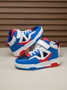 1 par de zapatillas deportivas de caña alta para niños, de piel sintética (PU), para uso interior/exterior, calzado casual y de running, de fácil calzado, antideslizante, transpirable, cómodo, diseño de colores patchwork, calzado deportivo unisex de moda