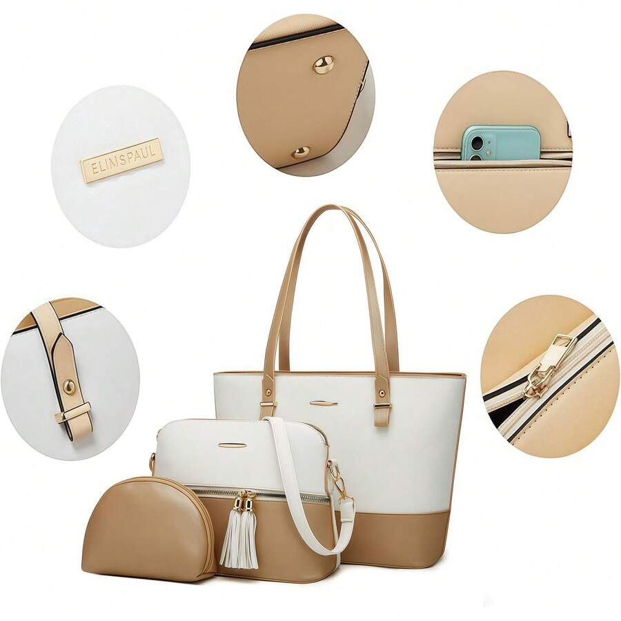 Bolso Mujer, 3 Pcs Bolso de Hombro para Mujer, Bolso Tote de Cuero PU conúltiples Bolsillos Internos, Bolsas para Llevar en el Hombro de Mujeres, Bolso Dama de Mano, Regalo para Mujer - Dorado con Blanco - Ver 1
