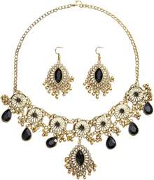 Retro Hollow Out Jewellery Set Traditional Bridal Choker Necklace Earring Women Bollywood Statement Boho Exaggerated Antique Oxidized Beads Tassel Classic Wedding Party - 黑色 - 查看 1
