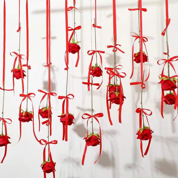 10pcs Artificial Rose Flower Hanging Decor, Self-Contained Ribbon Bow & Hook, Wedding Ceremony Background Decoration, Valentine's Day Party Floral Wreath, No Electricity Required