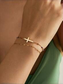 1 pieza Elegante pulsera minimalista con hebilla de herradura y corazón cruzado en capas, resistente al color, adecuada para todas las ocasiones