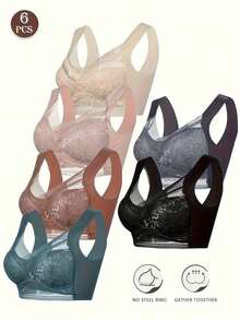 6 Pieces Women's Large Bra Gathered Soft Ice Silk Seamless Top Bra Lace No Wire Ring Summer Bra Tops Underwear, Bralettes For Women, Lingerie For Women, Bras For Women - Nhiều màu - Xem 6