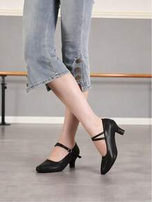 Black Latin Ballroom Dance Shoes For Women, Slip-On And Buckle Design, Soft Flexible Sole For Indoor Floor Training Practice Performance