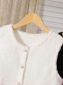 两件套少女罗纹针织长袖连衣裙+双面抓绒上衣套装，秋冬季 - 黑色 - 查看 5