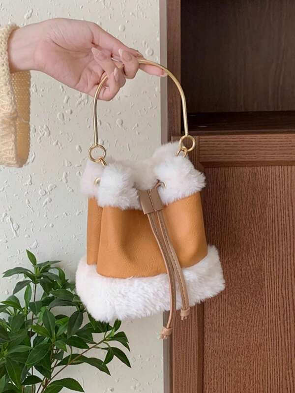 1 pezzo Borsa a secchiello marrone minimale, morbida e in PU con laccio, casual e alla moda, dolce, adatta per uscite e pendolarismo in autunno/inverno per le donne