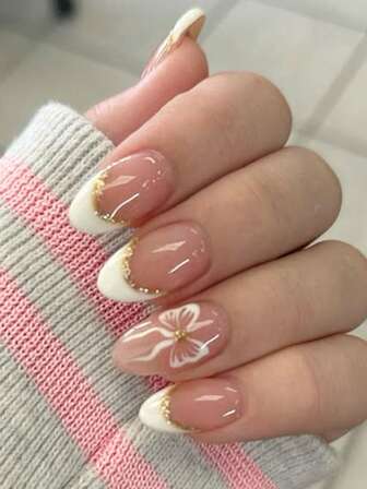 24 pegatinas de uñas con diseño de lazo corto ovalado y brillo, envoltorios de uñas francesas blancas, longitud corta de ajuste perfecto, set de uñas postizas acrílicas que incluye: 1 pieza de gel de gelatina y 1 pieza de lima de uñas, ideal para manicura y uñas francesas de San Valentín, adecuado para mujeres y niñas para uso diario y de fiesta