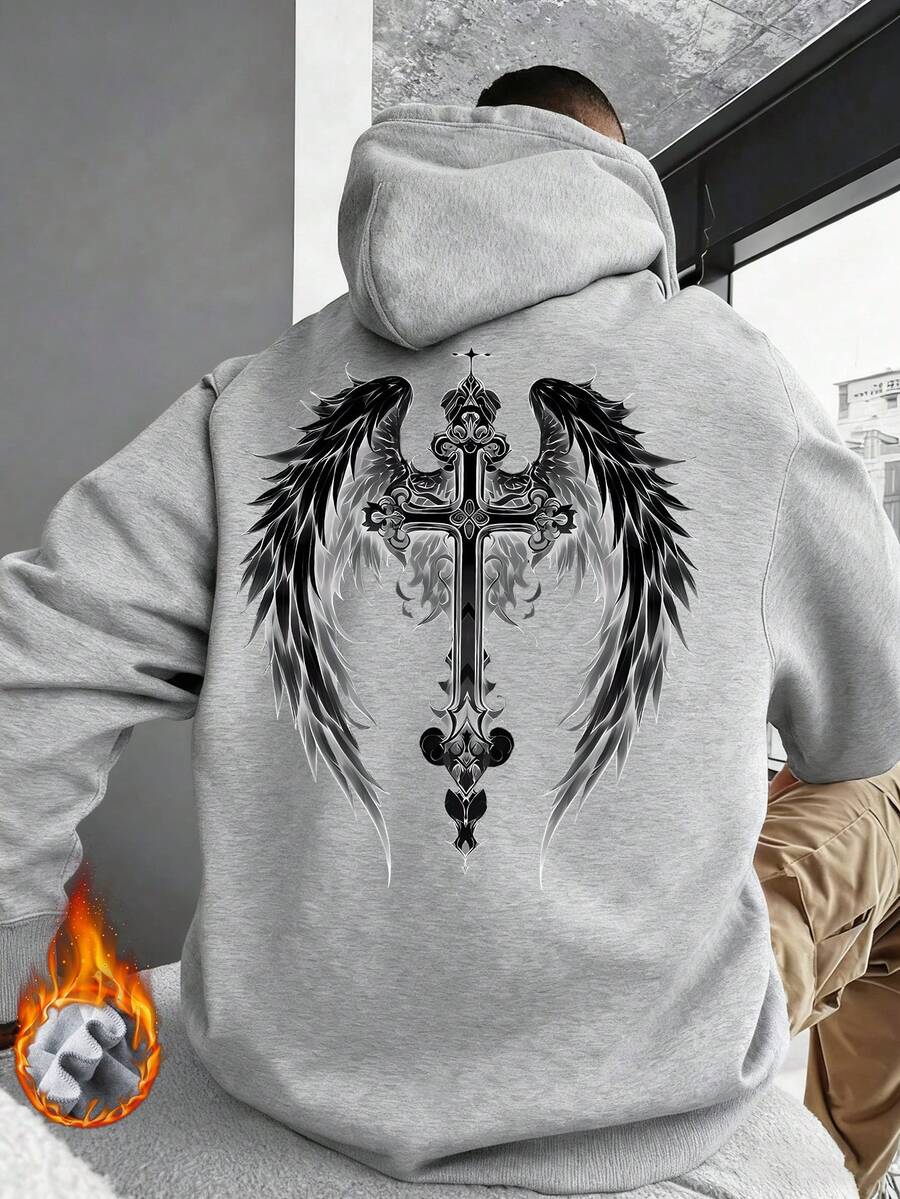 男士休闲街头风深色图案翅膀十字架印花保暖连帽卫衣，秋冬款 - 灰色 - 查看 1