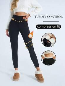 1 Piece Of Women's Velvet High Waisted Winter Sports Warm Thick Yoga Pants With Pockets - 黑色 - 查看 3