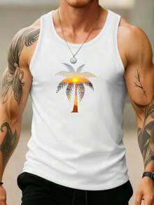 男士休闲度假上衣，椰树印花图案，休闲无袖上衣，适合度假穿着