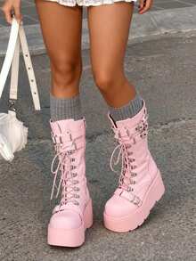 Goth Platform Boots For Women Back To School Punk Motorcycle Boots Mid Calf Round Toe Boots Back Zip Wedges Fall Boots - Hồng - Xem 5