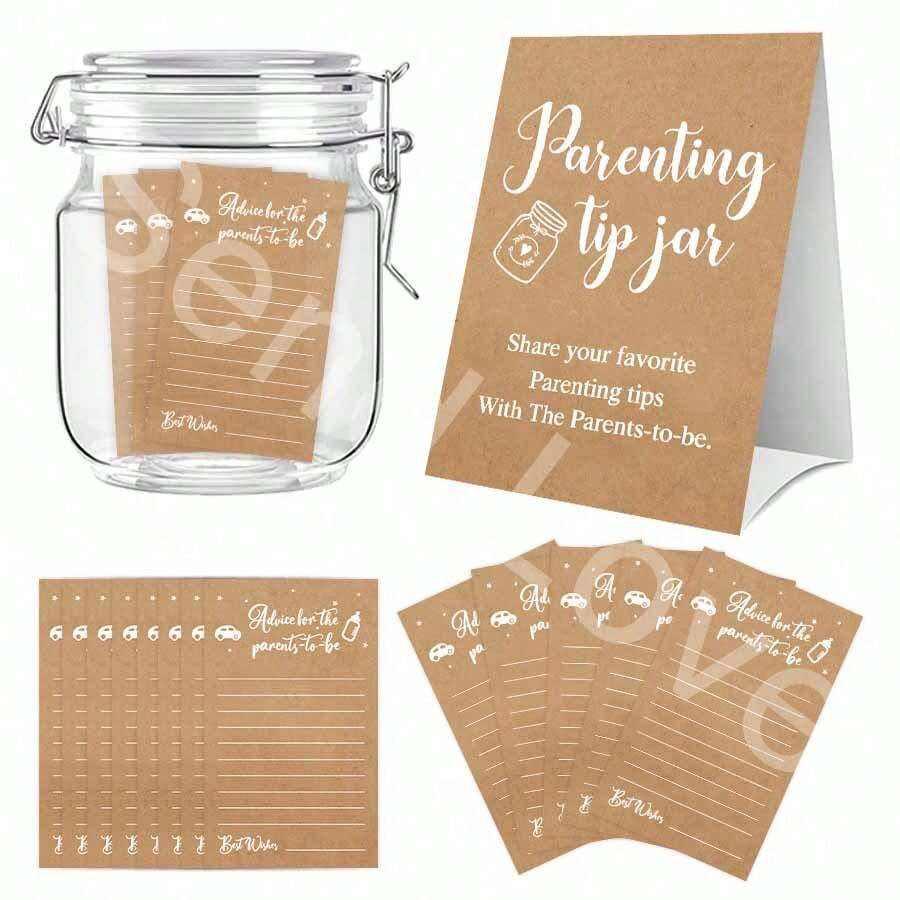 复古主题婴儿派对游戏套装，包含建议卡、罐子和标牌，适用于婴儿派对、新手父母小贴士罐和标牌