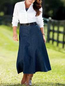 Plus Size Women Stretch Denim Skirt, Washed Dark Blue