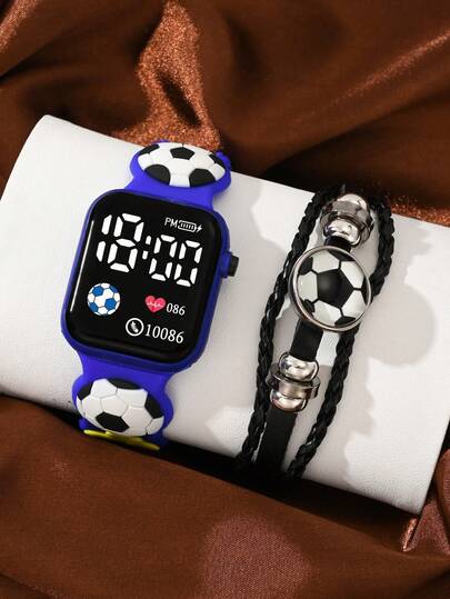 Two Children's Watches With Football Decorations, Featuring Fashionable And Classic Digital Square LED Design. These Are Suitable For Children To Wear During The Back-To-School Season. They Are Wristbands And Electronic Watches With Hand-Woven Football Cords, Suitable For Daily Life, Sports, School, Parties And Travels. They Are Perfect Gifts For Friends, Birthday Presents, Graduation Season. They Are The Ideal Gifts For Boys And Girls.