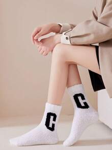 3 pares de calcetines de felpa coral para mujer, con diseños de letras y deportes, cálidos y cómodos, sin desprendimiento, aptos para dormir y usar en casa, otoño/invierno, calcetines acogedores - Multicolor - Ver 9