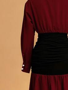 Solid Color Women's Casual Shirt Collar Patchwork Long Dress, Front Button Closure