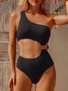 wohenmeili 女士无袖黑色高弹针织比基尼套装，波西米亚风圆领露背设计，饰有圆环，适合海滩度假夏季穿着。 - 黑色 - 查看 5