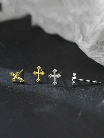 1 pieza Pendientes de botón con forma de cruz de plata de ley 925, de moda y versátiles para citas, fiestas, bodas, graduaciones, viajes, uso diario, playa, Día de la Madre, regalos de graduación para novia, mamá, maestra, mejor amiga