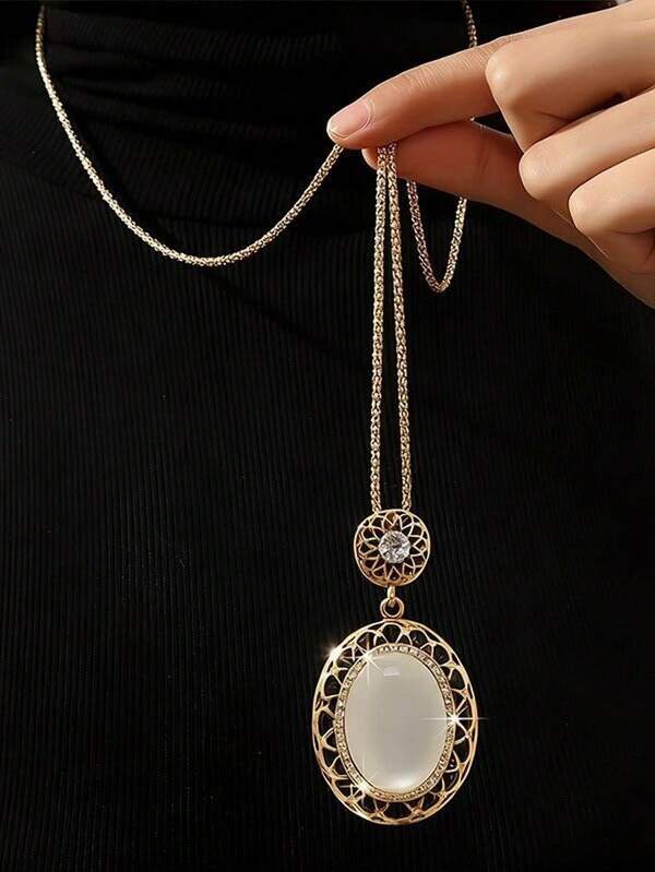 复古紫色陶石钛钢吊坠项链，个性化饰品，韩版潮人风，适合搭配毛衣链