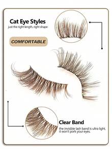 Asiteo 7 Pairs Natural Brown Transparent Band Half-Eye False Eyelashes, Fox Eye/Cat Eye/Extended Outer Corner Styles, Soft & Lightweight, Suitable For Beginners, Easy To Wear, Fit For Daily Dates - 棕色 - 查看 5
