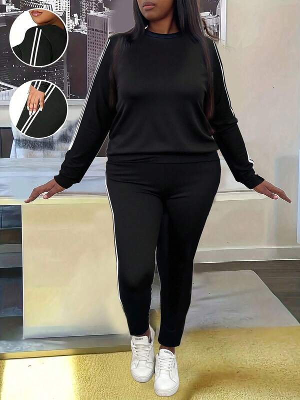 Conjunto de 2 piezas de talla grande para mujer, a rayas en blanco y negro, para otoño