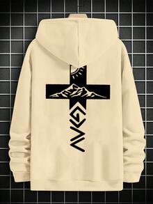 男士休闲简约街头户外山地印花宽松保暖连帽卫衣 | 时尚长袖上衣 - 杏色 - 查看 5