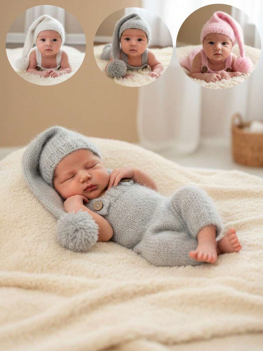 Newborn Photography Outfits Wool Baby Romper With Cap Mohair Pants Jumpsuit Overalls Crochet Hat Baby Boy Girl Outfit Baby Photo Clothing Baby Shower Easter Gift Things For Girls/Boys - Multicolor - View 1