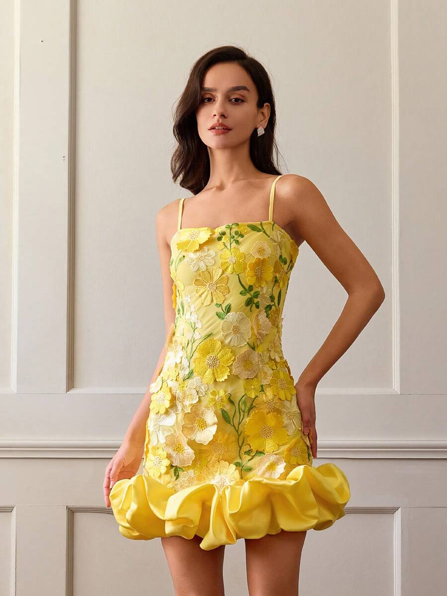 3D Applique Embroidered Spaghetti Strap Prom Dress, Fabric Patchwork, Floral, Valentine's Day Outfit, Spring/Summer - Yellow - View 1